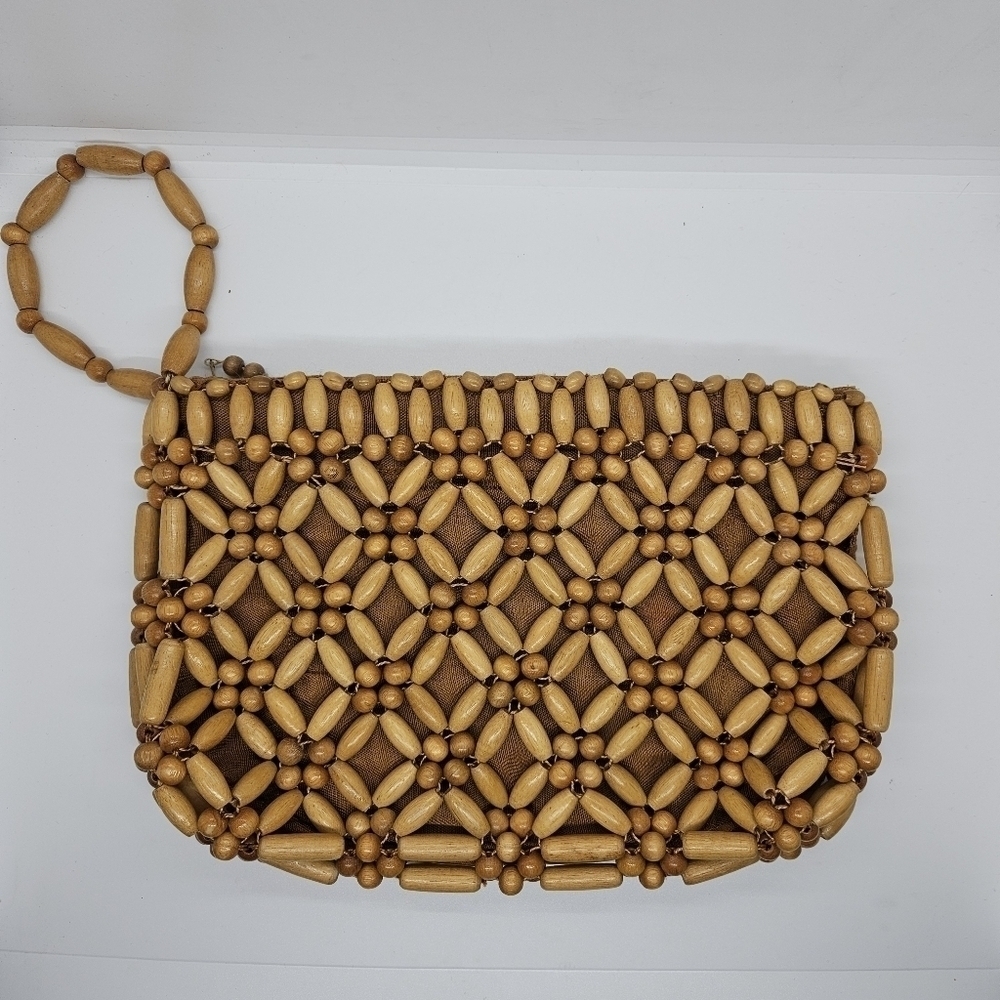 vintage wooden beaded clutch with wrist loop